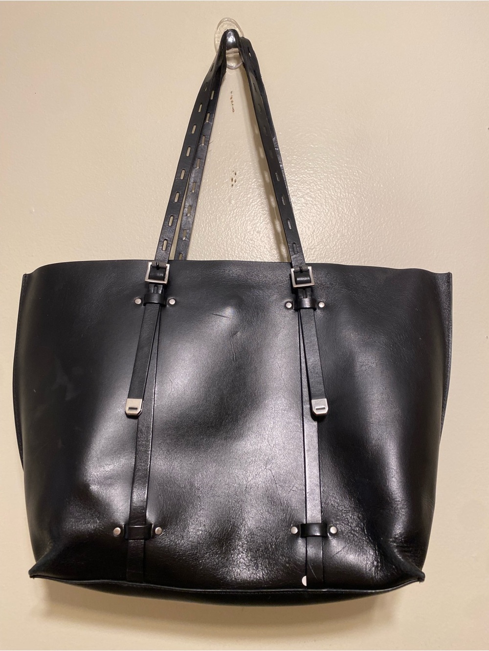 Black Leather Tote Bag with Adjustable Straps - Picture 5 of 15